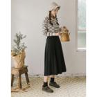 Button-front Pleated Long Flare Skirt