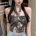 Halter-neck Floral Print Top Gray - One Size