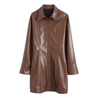 Long-sleeve Faux Leather Midi Sheath Shirt Dress