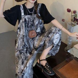 Bell-sleeve Plain T-shirt / Tie-dye Chiffon Jumper Pants