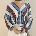 V-neck Batwing-sleeve Loose-fit Striped Blouse
