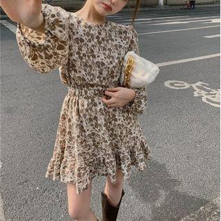 Long-sleeve Printed Mini A-line Dress Almond & White - One Size