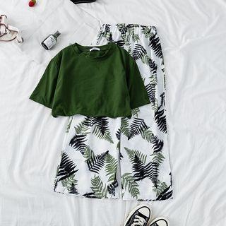 Short Sleeve Plain T-shirt / Leaf Print Wide-leg Pants