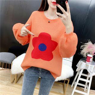 Flower Print Lantern-sleeve Sweater