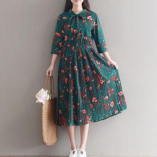 Bow-accent Floral Pleated Shirtdress