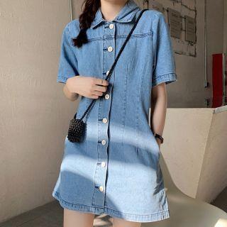 Short-sleeve Denim Mini A-line Shirt Dress