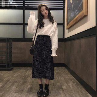Set: Long-sleeve Lace Blouse + Dotted A-line Skirt