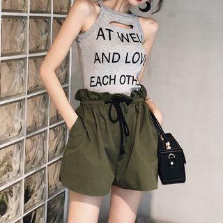 Lettering Cut-out Halter Top / Drawstring Wide-leg Shorts