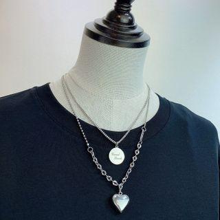 Disc & Heart Pendant Layered Necklace Silver - One Size