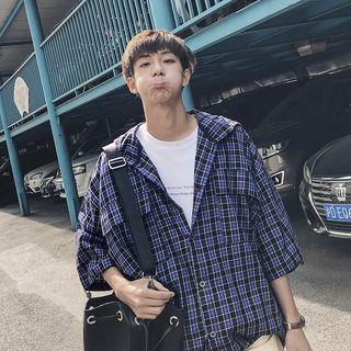Plaid Elbow-sleeve Hooded Shirt