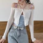 Mesh Panel Shirred Bow Camisole Top / Lettuce Edge Cropped Cardigan