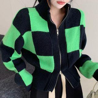 Checkered Zip Cardigan Green & Black - One Size