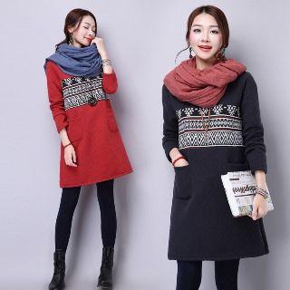 Long-sleeve Pattern-panel Quilted Dress