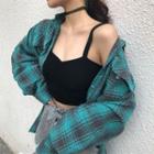 Loose-fit Plaid Shirt Green - One Size