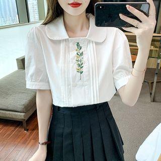 Puff Sleeve Peter Pan Collar Floral Embroidered Pleated Blouse