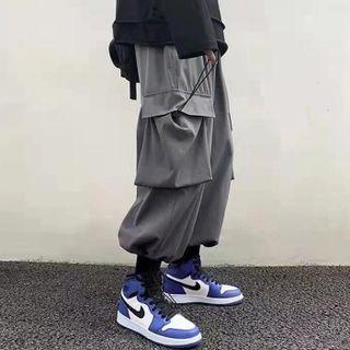 Drawstring Plain Double-pocket Cargo Wide-leg Pants