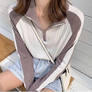 Color Block Zip Placket Knit Top