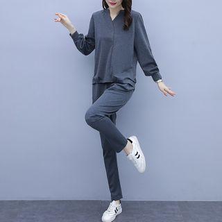 Set: Long-sleeve Embellished Blouse + Straight Leg Pants