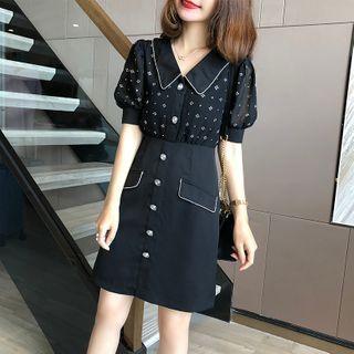 Set: Studded Collared Elbow-sleeve Blouse + Mini A-line Skirt