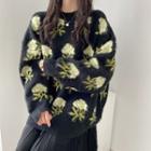 Round Neck Flower Print Loose-fit Sweater / Velvet Midi Skirt (various Designs)
