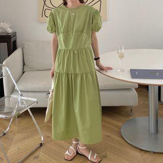 Bow Detail Puff-sleeve Midi Shift Dress