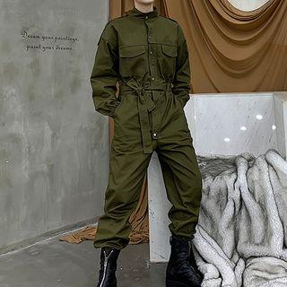 Tie Waist Long-sleeve Jumpsuit