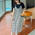 Set: Strappy Floral Midi A-line Dress + Short-sleeve Top