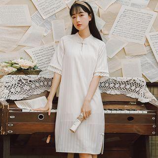 Elbow-sleeve Mandarin Collar Chiffon Dress