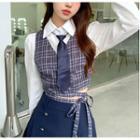 Long-sleeve Plain Cropped Shirt / Plaid Vest / High-waist Skirt / Tie