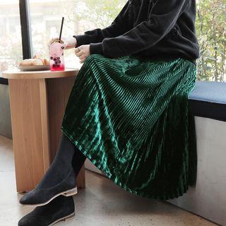 Band-waist Velvet Midi Pleat Skirt