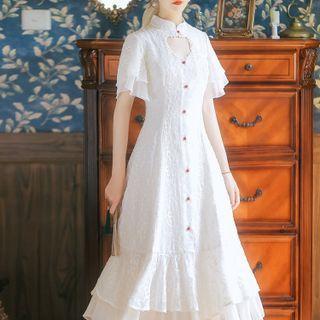 Short-sleeve Floral Embroidered Keyhole Midi A-line Dress