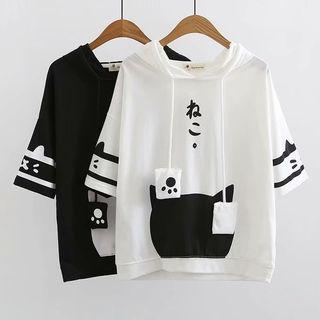 Hooded Cat Print Elbow-sleeve T-shirt