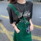 Short-sleeve Lettering Print T-shirt / Mini A-line Suspender Skirt / Set