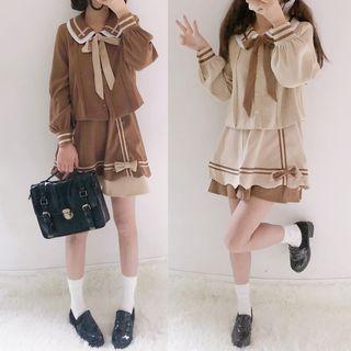 Set: Long-sleeve Bow-accent Shirt + Mini A-line Skirt