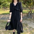 Puff-sleeve A-line Midi Dress Black - One Size