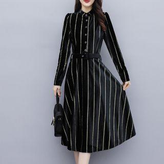 Striped Long-sleeve Midi A-line Velvet Dress