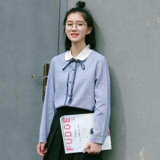 Contrast Collar Tie-neck Striped Long-sleeve Blouse