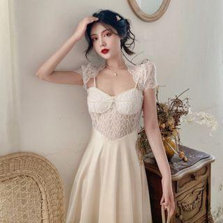 Short-sleeve Lace Top / Strappy Midi A-line Dress