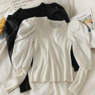 Ruched-sleeve Slim-fit Crop Knit Top