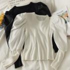 Ruched-sleeve Slim-fit Crop Knit Top