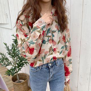 Floral V-neck Blouse Beige - One Size