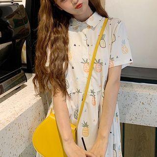 Pineapple Print Short-sleeve Midi A-line Dress Dress - One Size