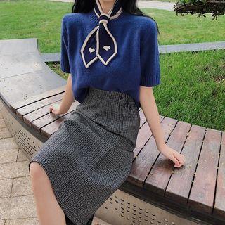 Ribbon-neckline Crop Knit Top / Houndstooth Midi Skirt