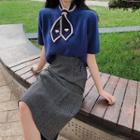 Ribbon-neckline Crop Knit Top / Houndstooth Midi Skirt