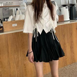 Short-sleeve Drawstring Shirt / Pleated A-line Skirt