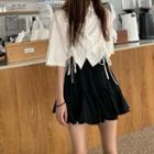 Short-sleeve Drawstring Shirt / Pleated A-line Skirt