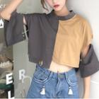Color Panel Elbow Sleeve Cropped T-shirt