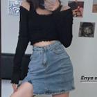 Long-sleeve Cropped T-shirt With Tank Top / Denim Slit Mini Straight-fit Skirt