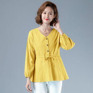 Plain V-neck Lantern-sleeve T Shirt