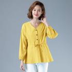 Plain V-neck Lantern-sleeve T Shirt
